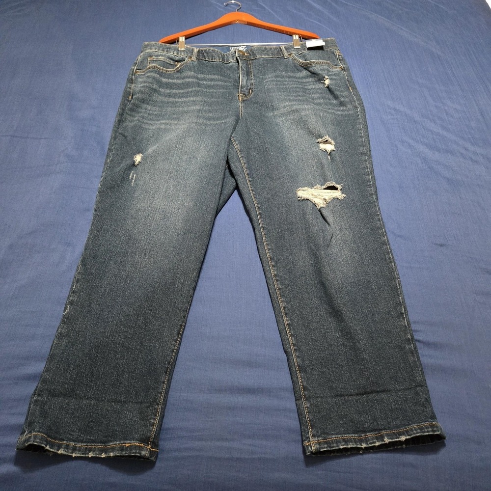 Terra & Sky Boyfriend Jeans Womens 20W Blue Wash Distressed Stretch Denim Plus